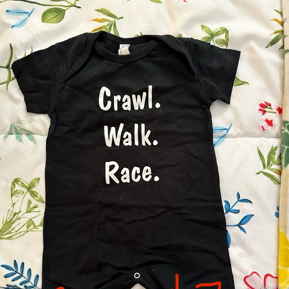 12 month black short sleeve onesie “crawl walk race”